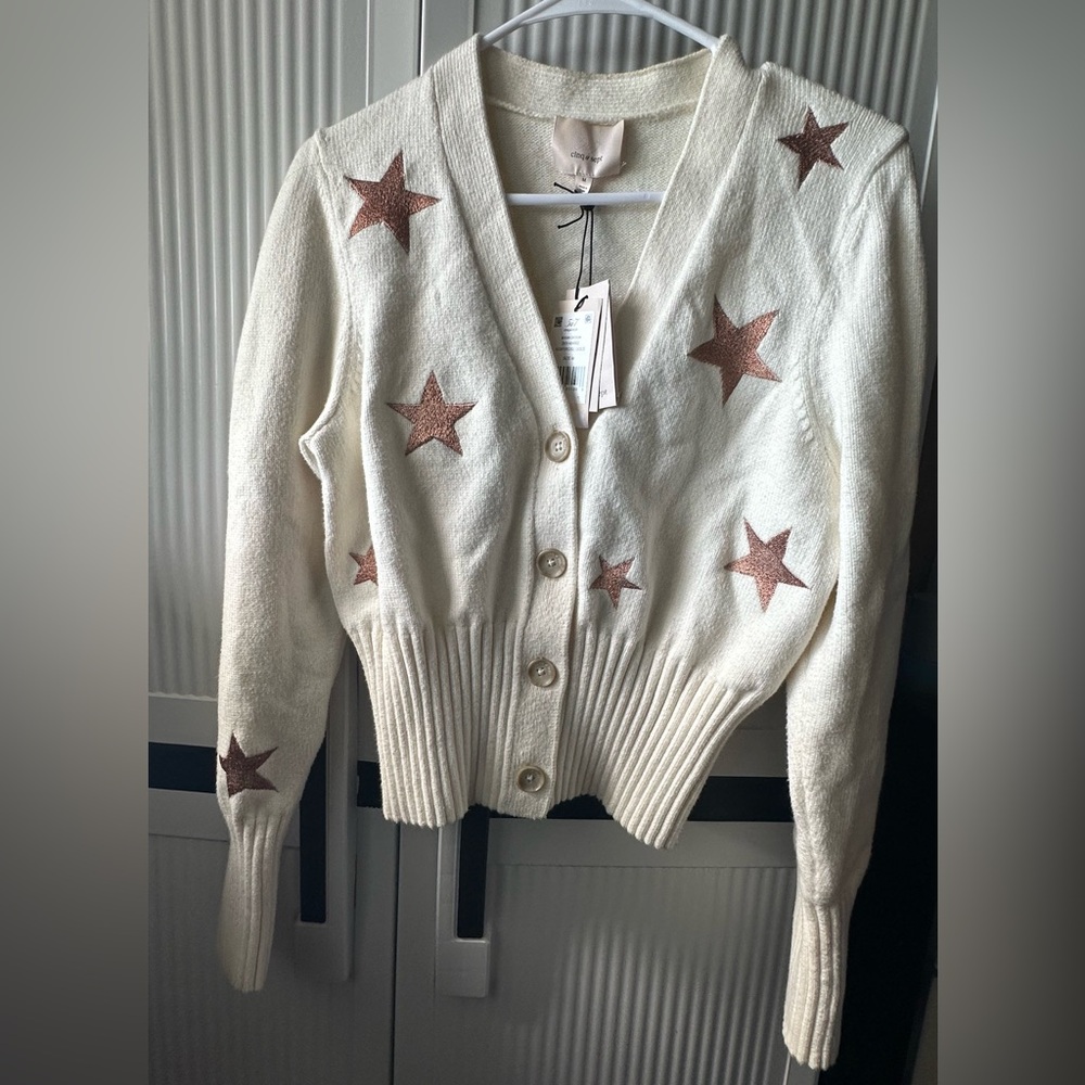 Cinq à Sept Morgan Cardigan Ivory Rose Gold Embroidered Star Print